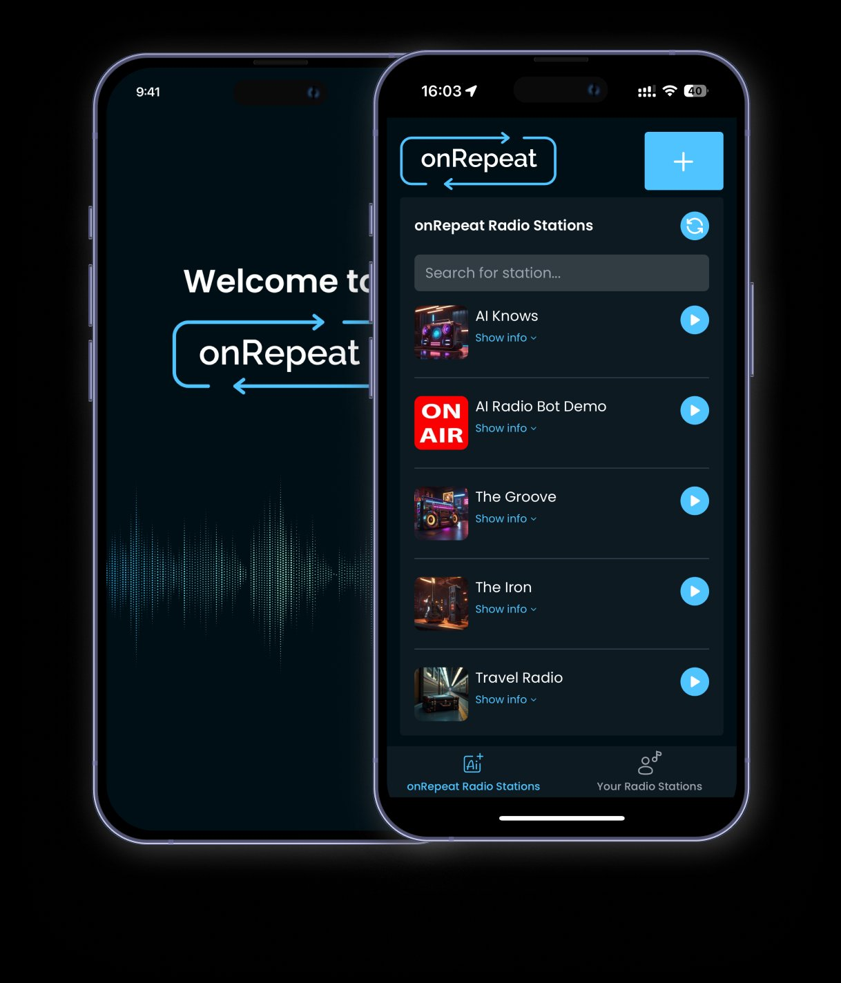 onRepeat app showing the welcome screen and a list of talk radio stations with play buttons